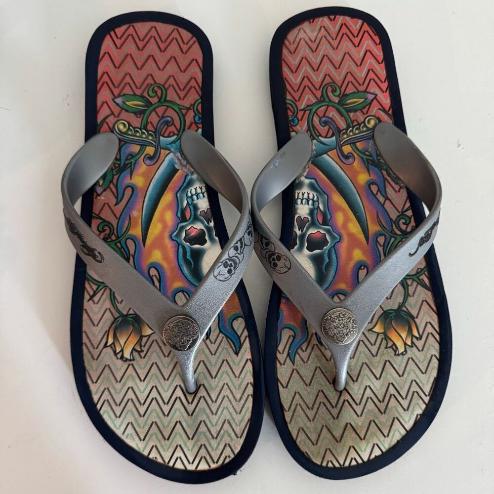 Vintage Ed Hardy Tattoo Print Flip Flops Skulls Cyber Grunge Size 11/12